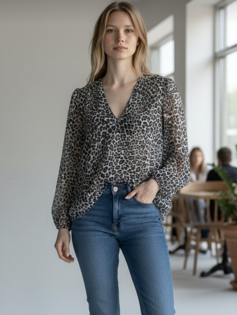 WHBM Leopard Print V-Neck Long-Sleeve Blouse - Taupe/Black